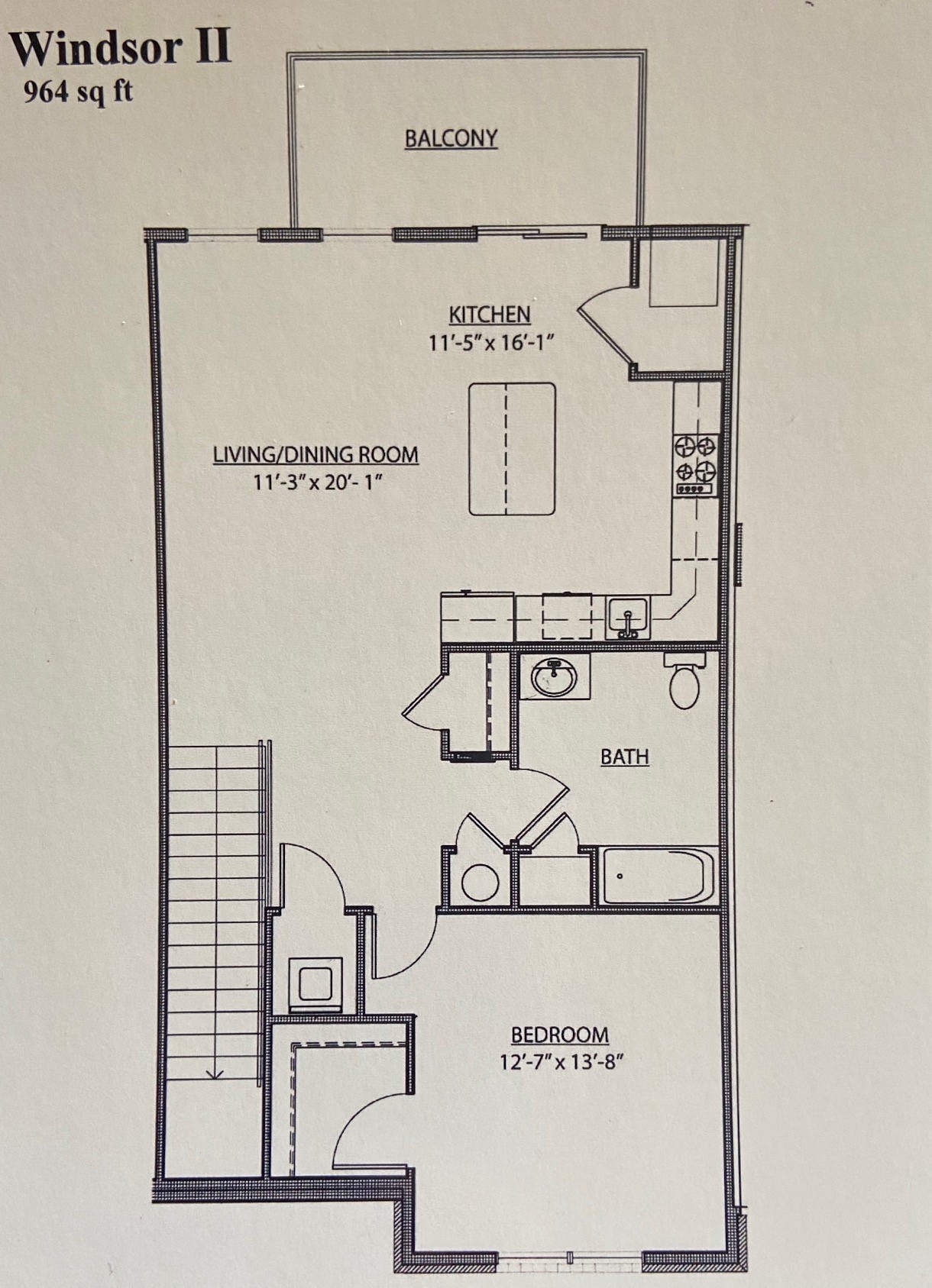 Floor plan for 1 bed, 1 bath, 964 sqft
